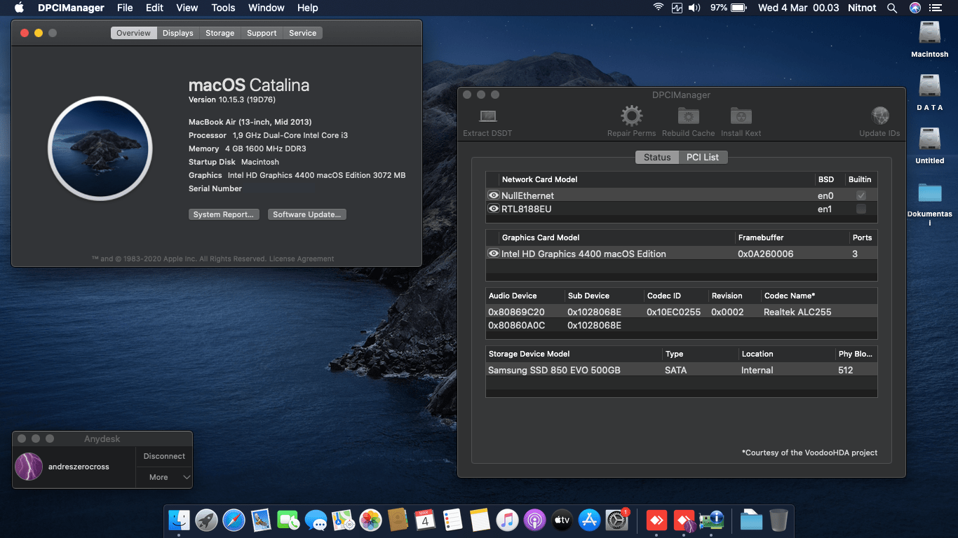 Success Hackintosh macOS Catalina 10.15.3 Build 19D76 in Dell Inspiron 11-3148